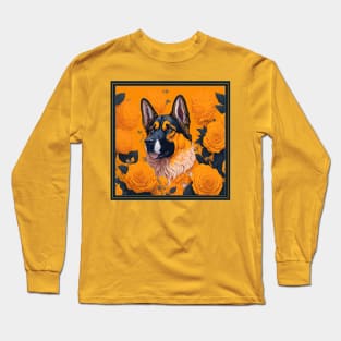 Dogs, shepherd dog and flowers, dog, seamless print, style vector (Yellow version #3 shepherd dog ) Long Sleeve T-Shirt